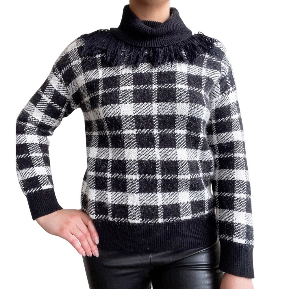 Kate Spade Dark Academia Equestrian Plaid Mohair Fringe Turtleneck Sweatshirt
